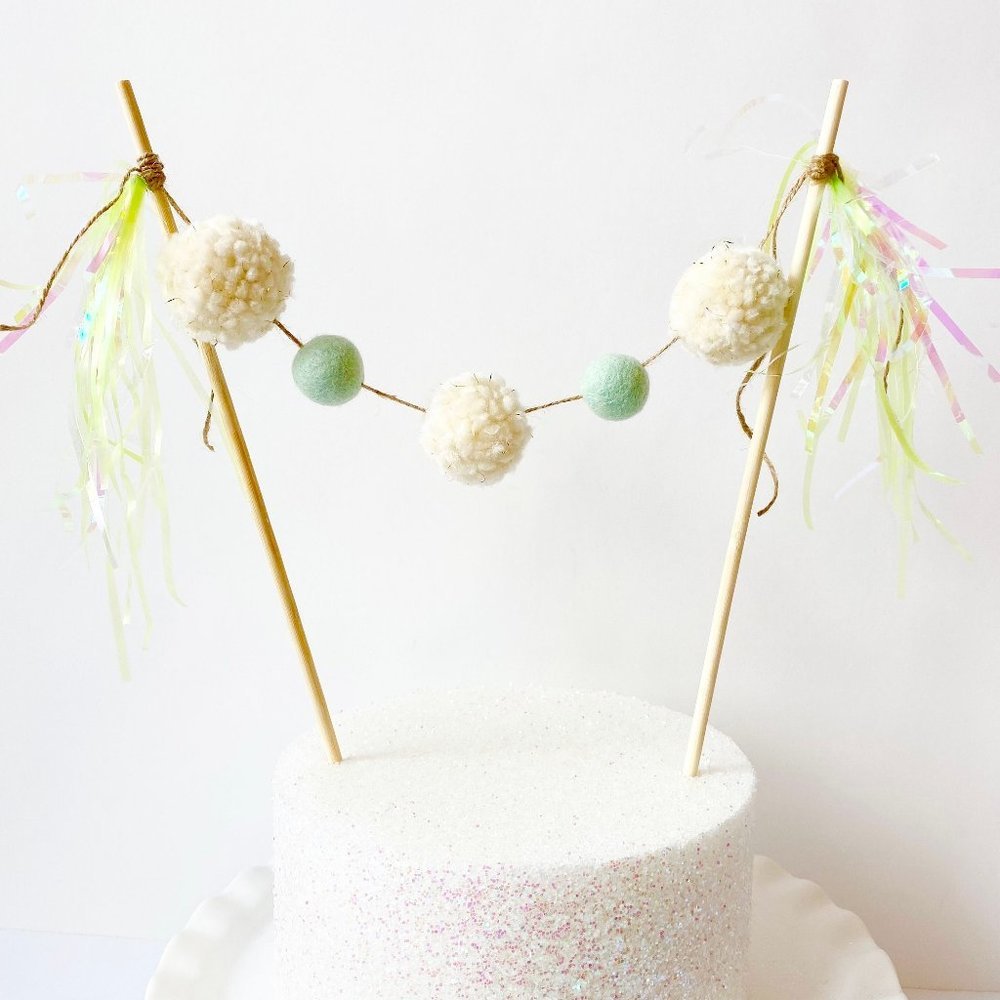 Pastel Green Pom Pom Felt Ball Cake Topper, Birthday Cake Topper Gender Neutral